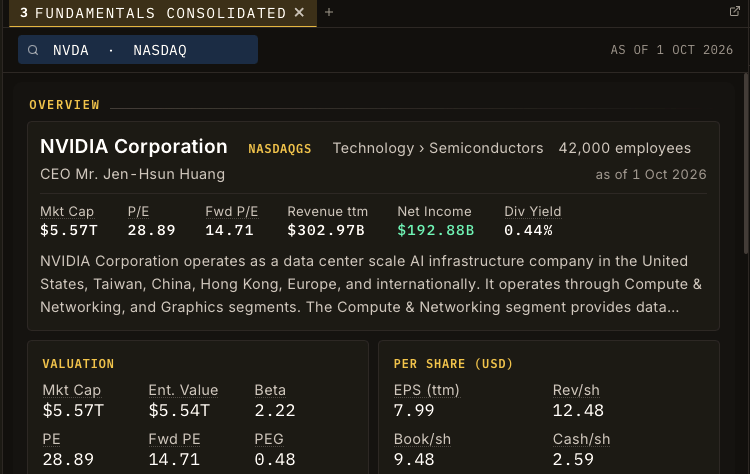 NVIDIA fundamentals panel: valuation, per-share figures and profitability
