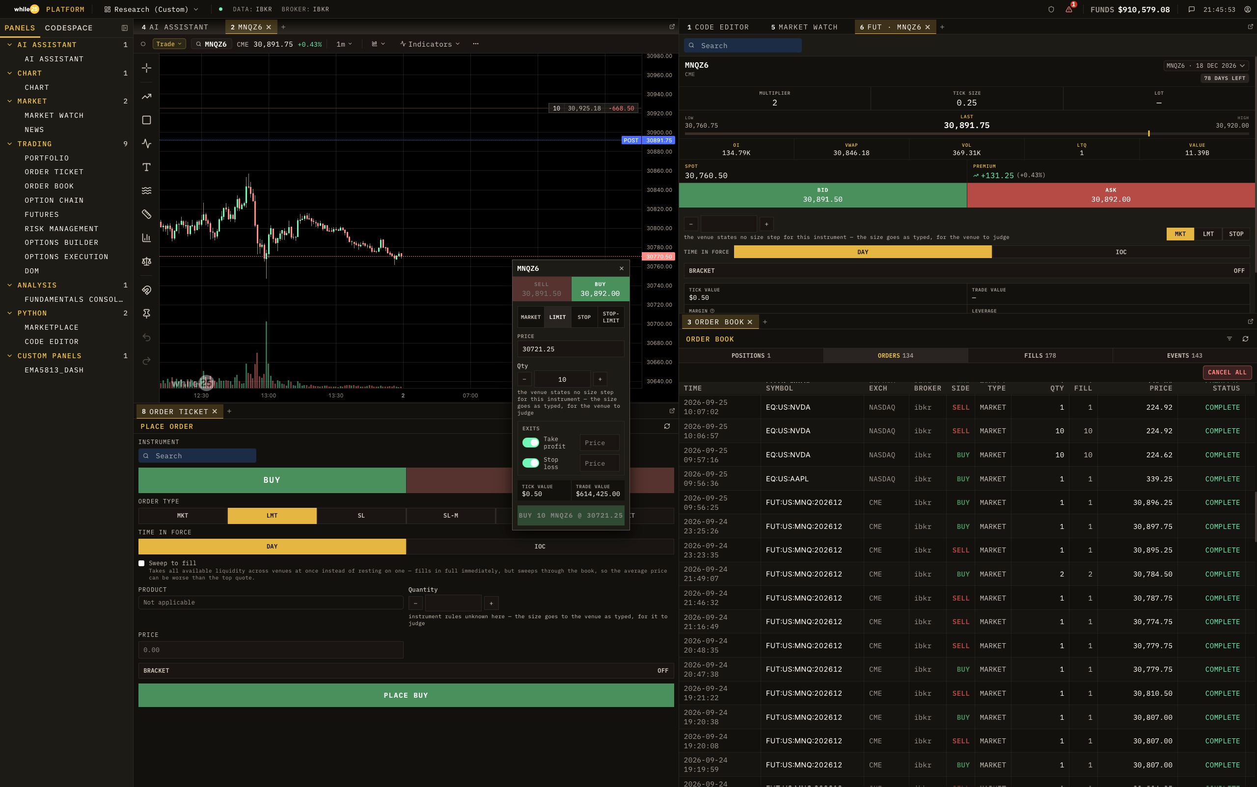 Quick order ticket on the MNQZ6 chart with take-profit and stop-loss, the futures ticket and the order book with fills