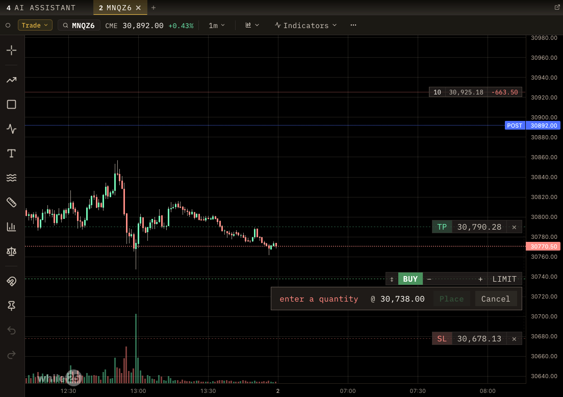 MNQZ6 one-minute chart with a limit order, take-profit and stop-loss lines on the chart